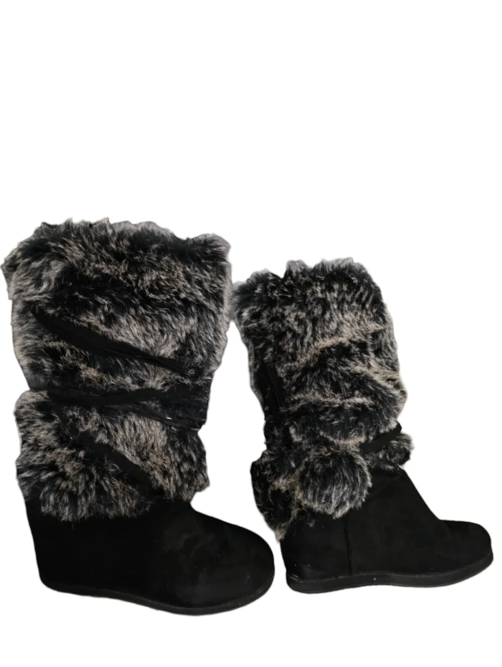 Black Faux Suede SZ 6 Lace-Up Gray Faux Fur Trim Boots
